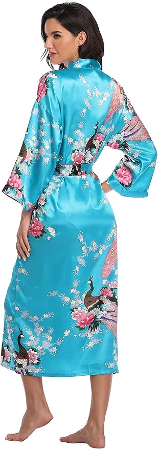 Valennia Women Long Silky Bathrobe Satin Kimono Robe Floral Printed Dressing Gown Sleepwear