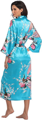 Valennia Women Long Silky Bathrobe Satin Kimono Robe Floral Printed Dressing Gown Sleepwear