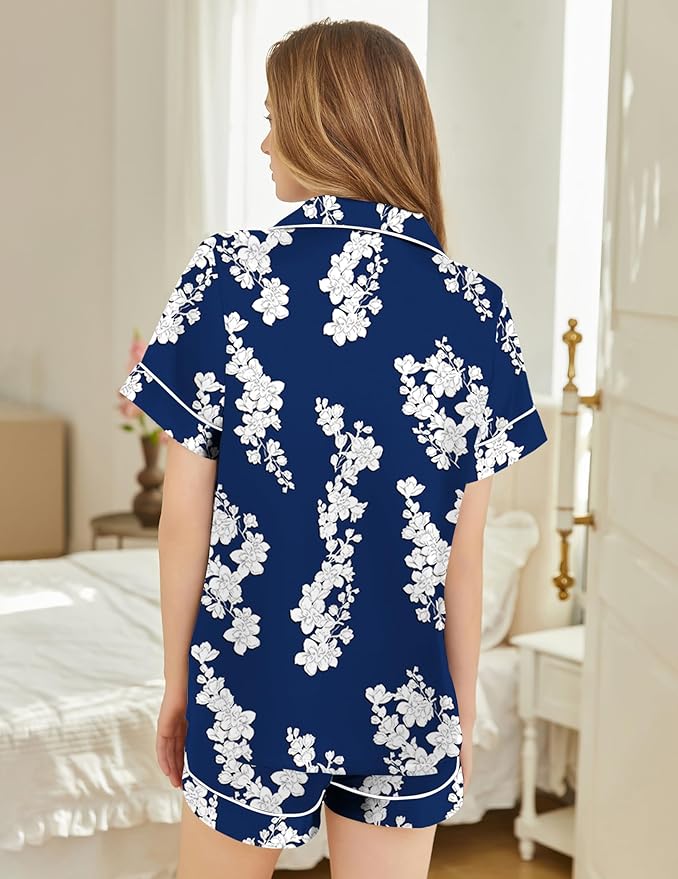 Silk Pajamas for Women Short Sleeve Sleepwear Soft Button Down Loungewear 2 Piece Satin Pjs Shorts Set S-XXL