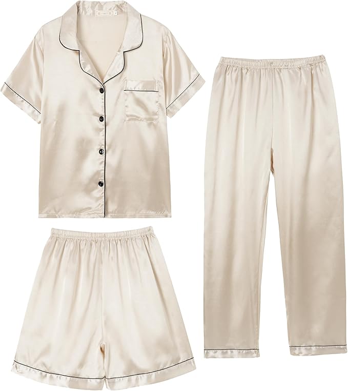 Hupohoi Unisex Girls Boys Kids Pajama Sets Button Down Satin Sleepwear Nighty 3PCS Silky Lounge Sets Nightwear