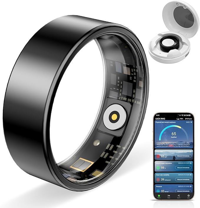 Smart Ring Pro, Fitness Tracker with Heart Rate, Blood Pressure, Stress, Sleep Tracking, Step Tracking, 10ATM Waterproof, Smart Ring for iPhone and Android (Black 2.0, 9)
