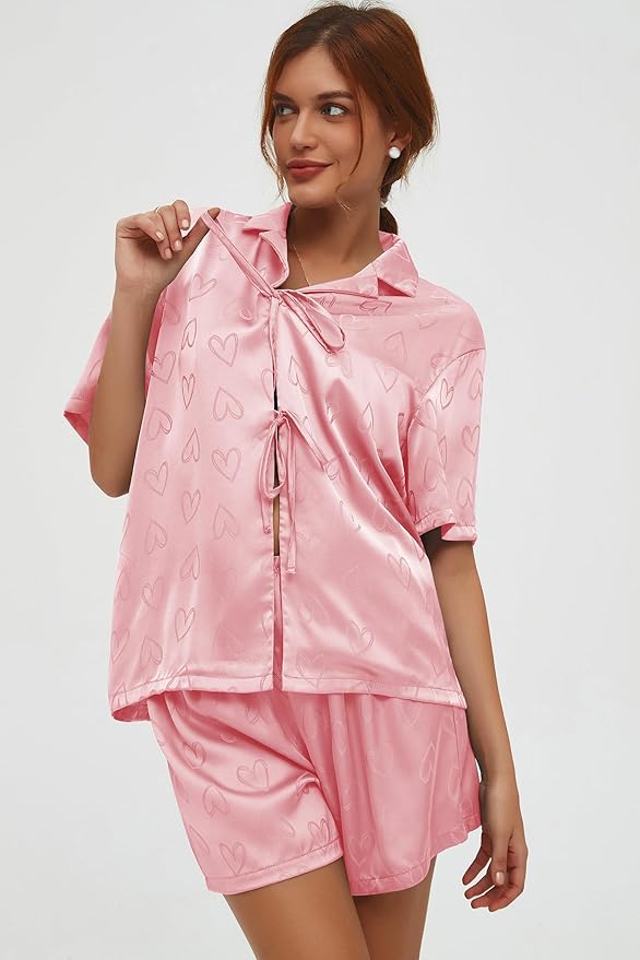 CHYRII Women's Silk Satin Pajamas Sets Tie Front Short Sleeve Tops and Shorts Two Piece Pj Sets Sleepwear