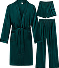 SWOMOG Mens 3 PCS Satin Robe with Pants & Shorts Set Kimono Bathrobe Long Sleeve Sleepwear Pjs Sets with Pockets