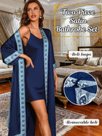 ChiaoLezhee Satin Robe Sets For Women, 2-PC Lightweight Bathrobe, Silk Sleepwear Kimono Bridesmaid Sexy Robes