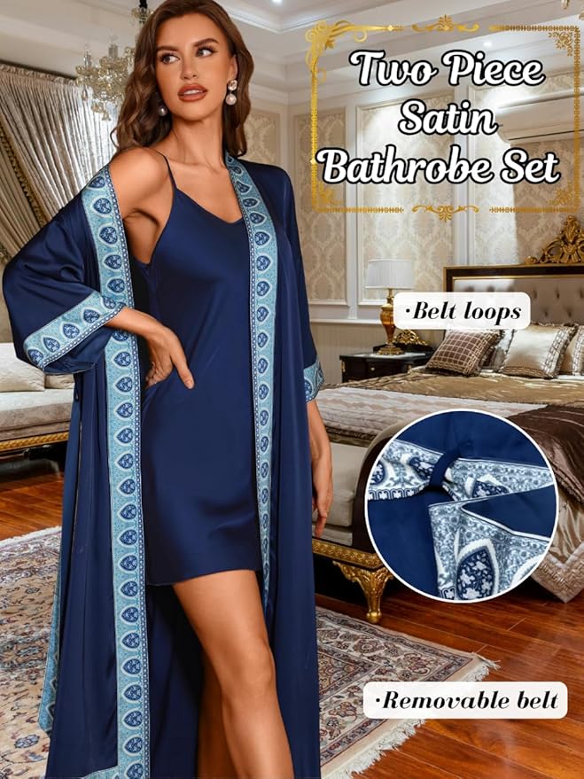 ChiaoLezhee Satin Robe Sets For Women, 2-PC Lightweight Bathrobe, Silk Sleepwear Kimono Bridesmaid Sexy Robes