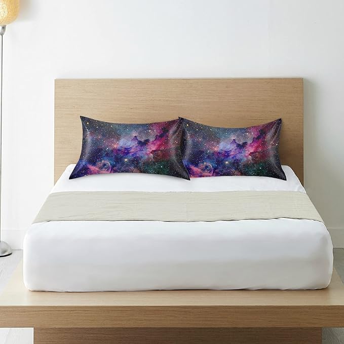 Nebula Galaxy Sky Satin Pillowcase for Hair and Skin, Purple Galaxy Space Silk Pillow Case with Envelope Closure, Queen Size 20x30 inches, 1 PC