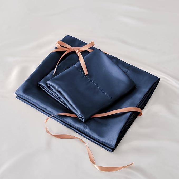 BEDELITE Satin Sheets Twin XL Size Bed Set, Luxury Soft Navy Silky Sheets for Hair and Skin, Similar to Silk Bed Sheets Set 3 Pieces （1 Deep Pocket Fitted Sheet, 1 Flat Sheet, and 1 Pillowcase）