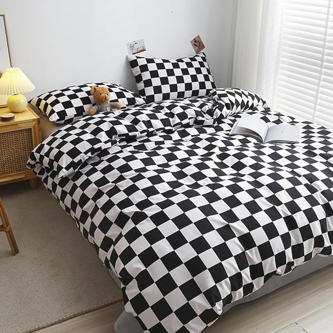 CLOTHKNOW Black White Plaid Queen Comforter Set Grid Bedding Comforter Sets Soft Checker Geometric Queen Comforter with 2 x Pillow Cases