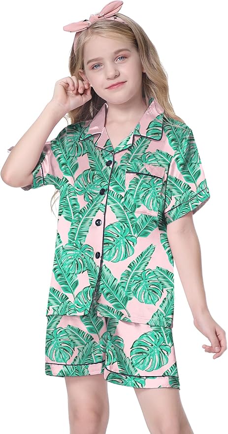 Girls & Womens Satin Pajamas Set, Silk Button-Down Sleepwear 2 Piece Nightwear, 3 Years - Women XXL