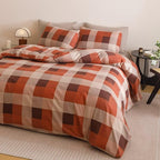 Luxlovery Gingham Red Comforter Set Queen Checkered Bedding Set Women's Bedding Grid Bedding Set Fluffy Soft Cottagecore Khaki and Brick Red Blanket Quilts with 2 Pillowcases Queen Bed