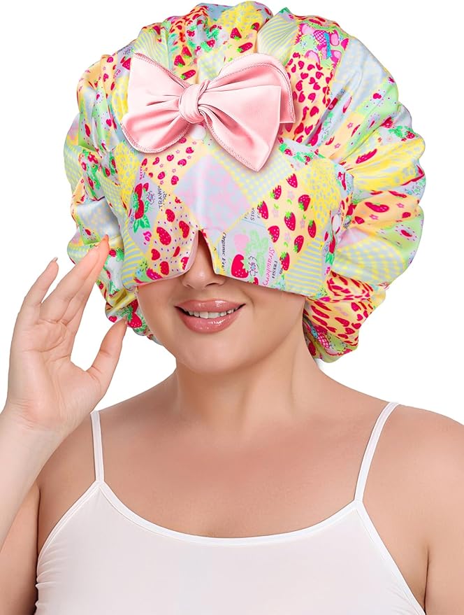 Double Layer Satin Bonnet with Detachable Eye Mask Night Cap for Curly Braids Hair Reduces Frizz Locks in Moisture