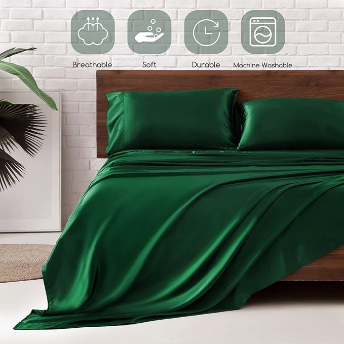 MR&HM Satin Bed Sheets, Twin XL Size Sheets Set, 3 Pcs Silky Bedding Set with 15 Inches Deep Pocket for Mattress (Twin XL, Dark Green)