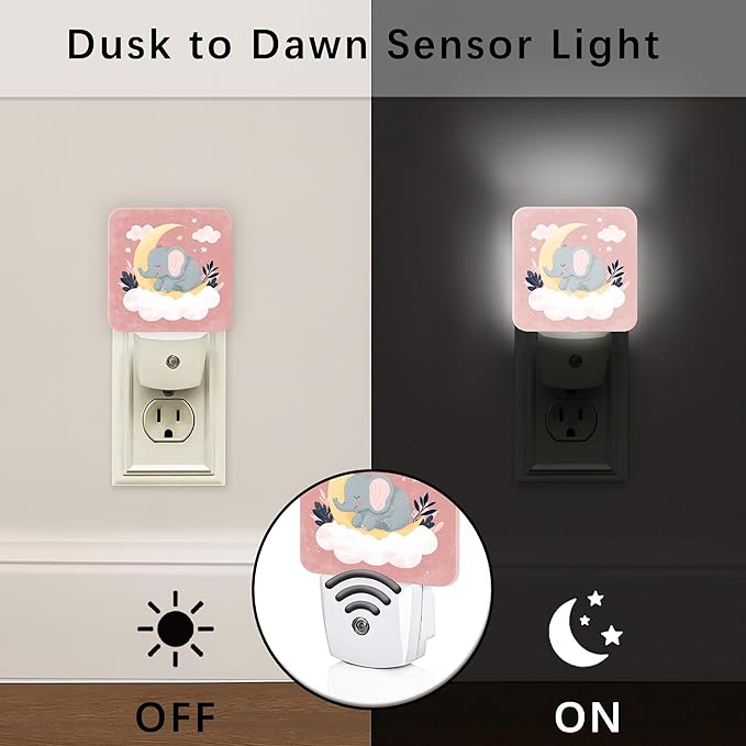 Elephant Night Lights Plug Into Wall, Cute Fanciful Moon Cloud None Peach Dusk to Dawn Led Plug in Night Lights for Entryway Garage Stairs Decor 1pcs