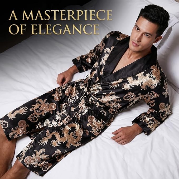 Mens Satin Robe Silk Long Sleeve Kimono Bathrobe Sleepwear Loungewear