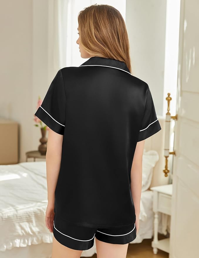 Silk Pajamas for Women Short Sleeve Sleepwear Soft Button Down Loungewear 2 Piece Satin Pjs Shorts Set S-XXL