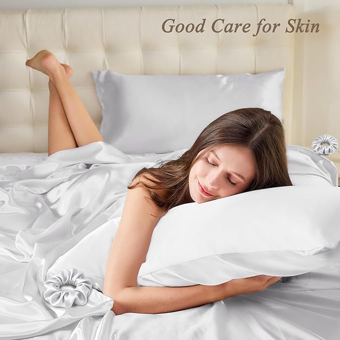 Vielit Standard Satin Pillowcase for Hair 2pc,Similar to Silk Pillow Cases,Easier Care Than Silk Pillowcase,Gifts for Women Men,White,20x26 & Envelope Closure and 2 Satin Scrunchies