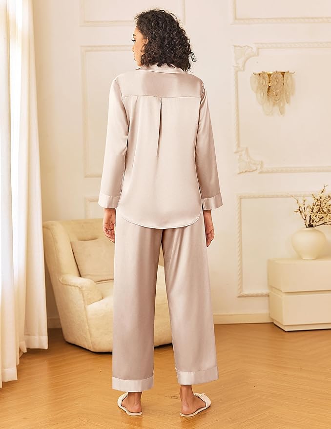 Ekouaer Womens Silk Satin Pajama Sets 2 Piece Sleepwear Pjs Set Long Sleeve Button Down Top and Pants Stripe Loungewear S-XXL