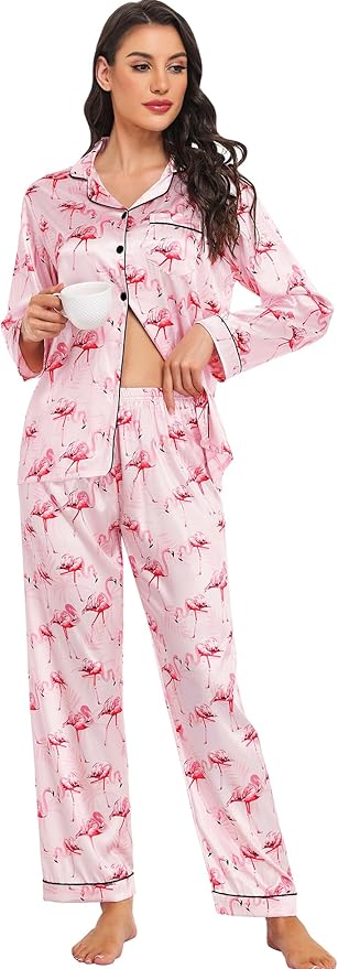 SWOMOG Womens Silk Satin Pajamas Set Long Sleeve Button Down Sleepwear 2 Piece Lounge Set Pj Set XS-3XL