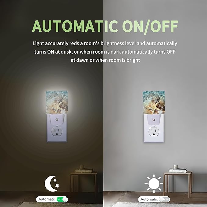 Starfish Seashell on Beach Night Light, Summmer Beach Night Light Plug into Wall with Dusk to Dawn Sensor, LED Lamp Energy Saving Lights for Men Women Boys Girls,Lamp for Bedroom Bathroom Hallway