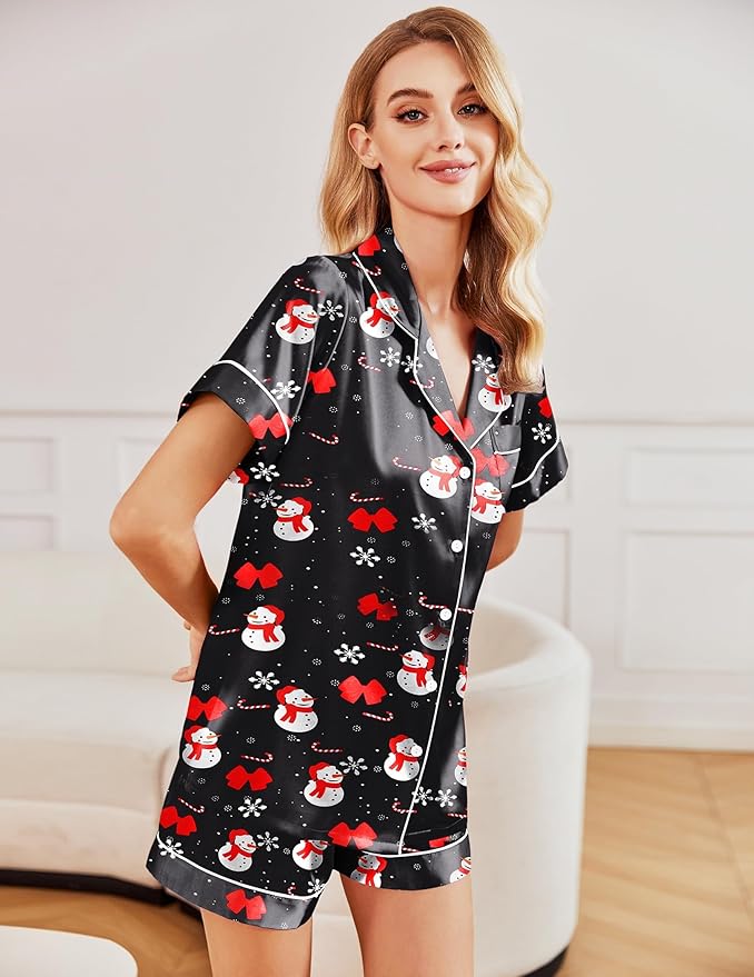 Ekouaer 2 Pack Pajama Sets for Women Silk Satin Pj Short Sleeve Button Down Sleepwear Top and Shorts Summer Lounge Set S-XXL