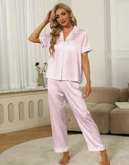SAPJON Silk Pajamas for Women Set 4Pcs Ruffled Satin Pajamas Set Button Down Short Sleeve Cami Shorts Sleepwear Pj Set