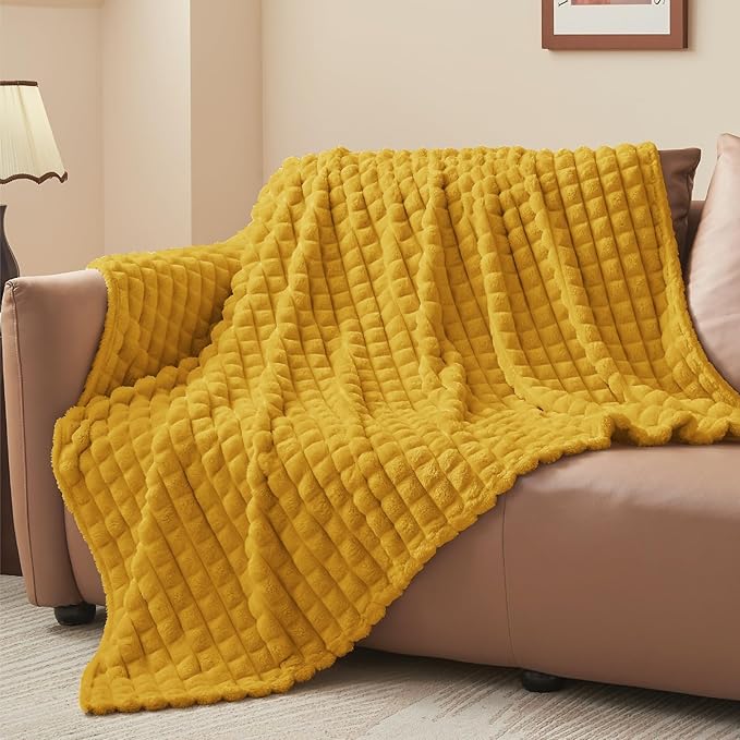 BEDELITE Mustard Yellow Throw Blanket Twin Size for Bed- Super Soft and Warm 3D Checkered Fluffy Fuzzy Fleece Blanket, Luxurious Plush Cozy Blanket for Room Decor Fall and Winter, 60x80 inches