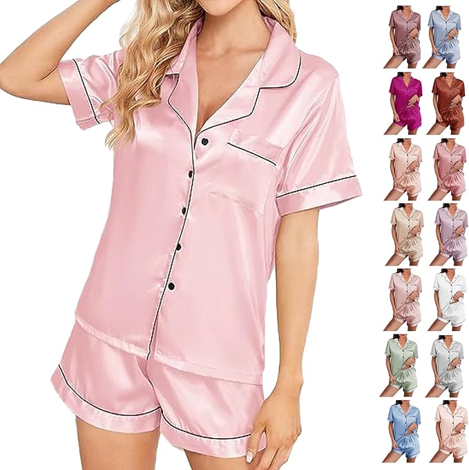 WJing Yi Jia Womens Silk Satin Pajamas Loungewear Two-Piece Sleepwear Button-Down Floral Pj Set XS-4XL