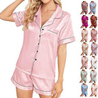 WJing Yi Jia Womens Silk Satin Pajamas Loungewear Two-Piece Sleepwear Button-Down Floral Pj Set XS-4XL