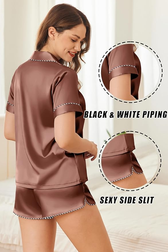 Ekouaer Silk Satin Pajamas Set Short Sleeve Pj Sets Black & White Contrast Piping Pjs Button Down Lounge Sets 2 Piece