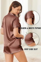 Ekouaer Silk Satin Pajamas Set Short Sleeve Pj Sets Black & White Contrast Piping Pjs Button Down Lounge Sets 2 Piece