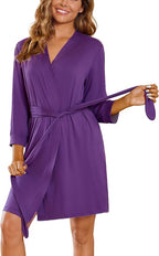 Ekouaer Women‘s Robes Lightweight 3/4 Sleeve Short Knit Bathrobe Soft Knee Length Sleepwear Robes with Pockets S-XXL