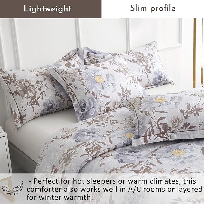 ALEISSEL Luxurious Cotton 3pcs Floral Comforter Sets King Size - Light Gray Comfoter with Bluish Gray & Taupe Floral and Botanical Prints, Vintage Lightweight Bedding Sets(King 104"×90")