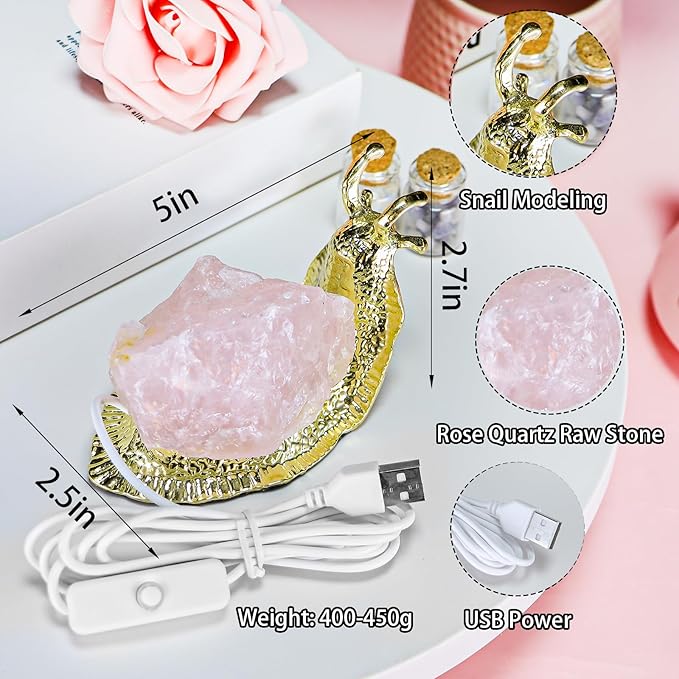 Artistone Rose Quartz Crystal Snail Table Lamp, Natural Raw Stone Night Light with Gold Snail Base, USB Powered, 5x2.7x2.5 Inches (Rose Quartz)