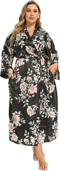 Women's Floral Long Satin Robes Plus Size Long Silk Robes Peacock Floral Kimonos Sleepwear Dressing Gown