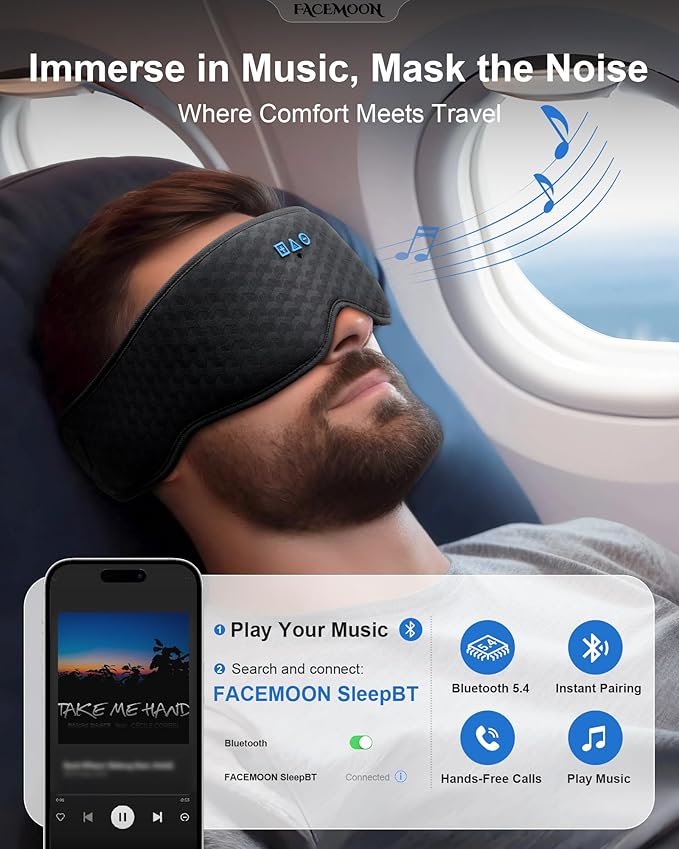 Bluetooth Sleep Mask Headphones: 100% Blackout Eye Mask with Detachable Washable 3D Contoured Liner - Zero Eye Pressure, No Lash Crush, Adjustable Speakers, Bluetooth 5.4, Gift for Relief & Travel