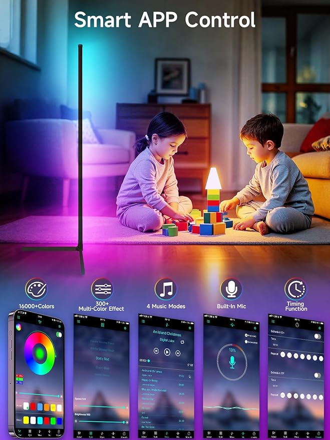 Tyute Corner Floor Lamp, RGB LED Corner Lamp with Music Sync, Smart App and Remote Control Color Changing Ambience Light, LED Lamp with 16 Million Colors for Bedroom, Living Room Gaming Room