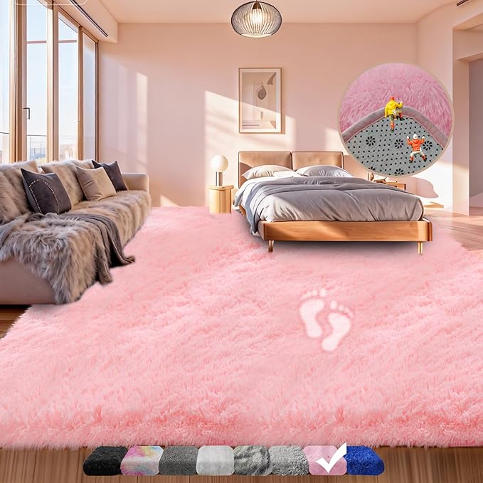 Pink Area Rugs 8x10 for Living Room, Large Fluffy Shag Rug for Bedroom, Kids Room Decor, Big Cute Furry Carpet for Teen Girls, Baby Nursery, Soft Fuzzy Cozy Carpets for Playroom, Upgrade Anti-Skid
