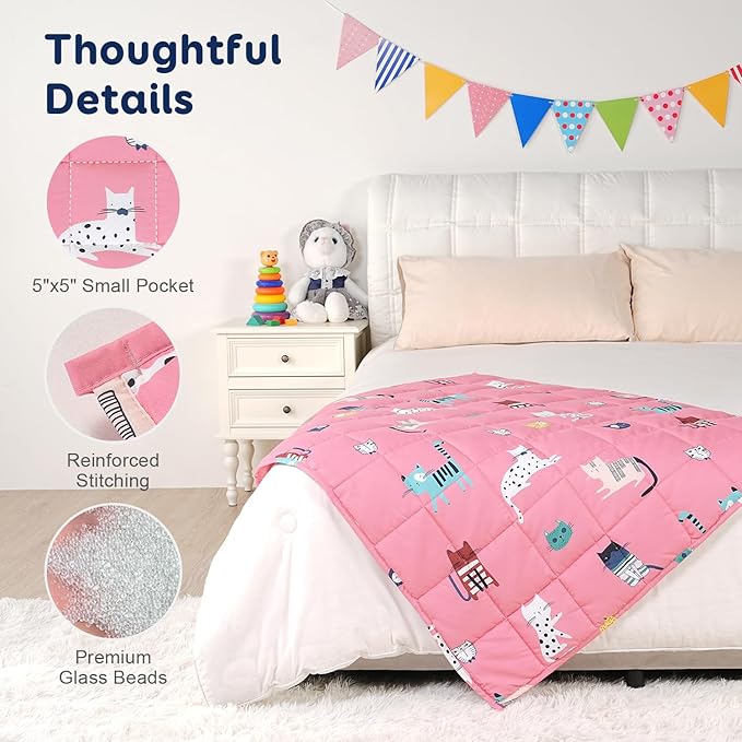 Kivik Breathable Weighted Blanket 3 lbs, Cooling Small Weighted Blankets, Ultra Soft Heavy Throw for Relaxing & Sleeping, Machine Washable, 36 x 48 Inches, Cute Cat Printing, Pink