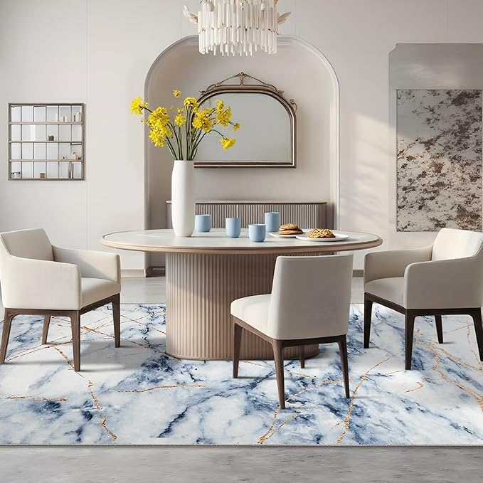 CRYPTOLITE Area Rugs 9x12 Rug for Living Room Abstract Washable Rug with Non-Slip Backing Low Pile Area Rugs for Bedroom, Dining Room, Blue