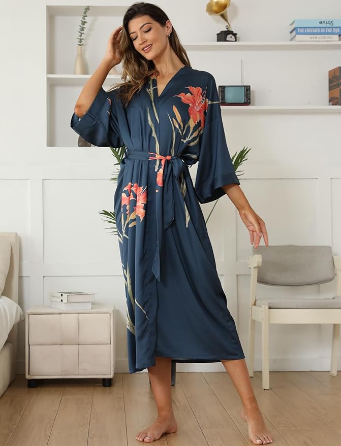 Kihnop Women's Floral Long Kimono Robe Long Satin Robe Long Silk Robe Ladies Kimonos Silky Bathrobe Cover Up, One Size
