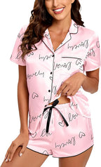 Silk Pajamas for Women Satin Womens PJ Set 2 Piece Short Lounge Set Summer Sleepwear Notch Collar Button-Down Pjs