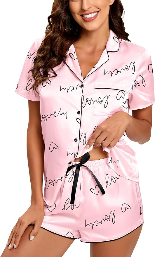 Silk Pajamas for Women Satin Womens PJ Set 2 Piece Short Lounge Set Summer Sleepwear Notch Collar Button-Down Pjs