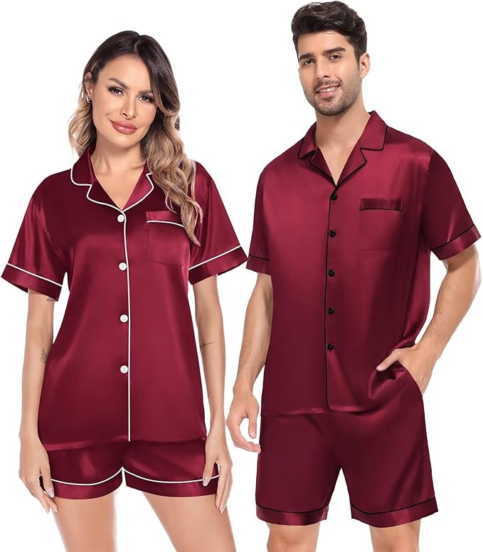 SWOMOG Satin Matching Pajamas Sets Couple Silk Button Down Nightwear Women & Men Short Sleeve Sleepwear 2 Pieces Loungewear