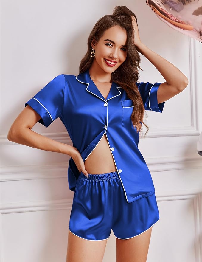 Ekouaer Womens Silk Satin Pajamas Short Sleeve PJS Shorts Set Soft Button Down Sleepwear 2 Piece Loungewear S-5XL