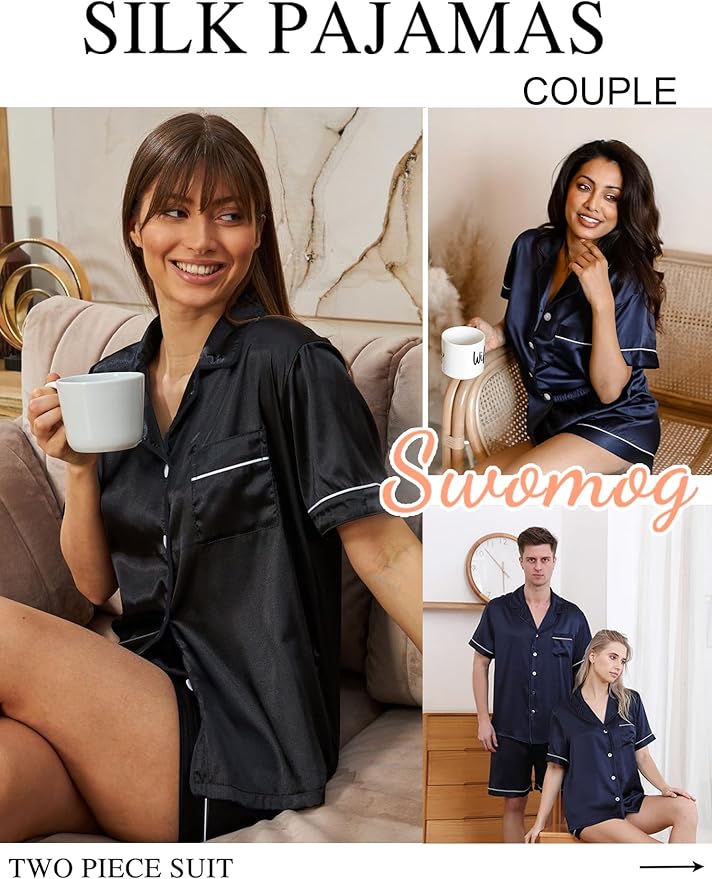 SWOMOG Womens Silk Satin Pajamas Set Short Sleeve Sleepwear Button Down Top and Shorts Loungewear 2 Piece Pjs Set XS-3XL