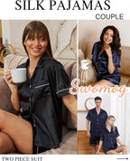 SWOMOG Womens Silk Satin Pajamas Set Short Sleeve Sleepwear Button Down Top and Shorts Loungewear 2 Piece Pjs Set XS-3XL