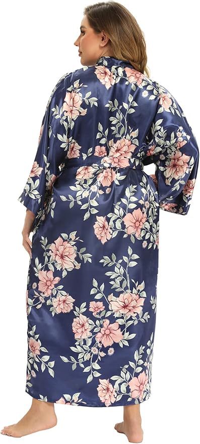 Women's Floral Long Satin Robes Plus Size Long Silk Robes Peacock Floral Kimonos Sleepwear Dressing Gown