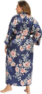 Women's Floral Long Satin Robes Plus Size Long Silk Robes Peacock Floral Kimonos Sleepwear Dressing Gown