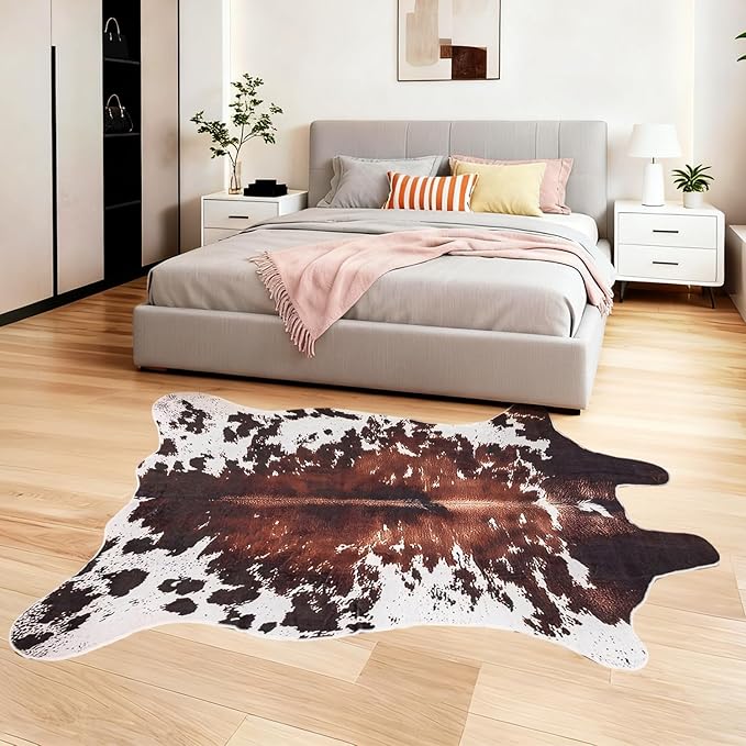 Cow Print Rug, Faux Fur Western Rug 5.2x6.5 Feet Non-Slip Animal Print Washable Faux Cashmere Carpet for Living Room, Western Bedroom Decor, Rustic Farmhouse Home Office