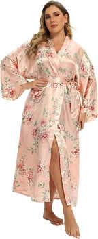 Women's Floral Long Satin Robes Plus Size Long Silk Robes Peacock Floral Kimonos Sleepwear Dressing Gown